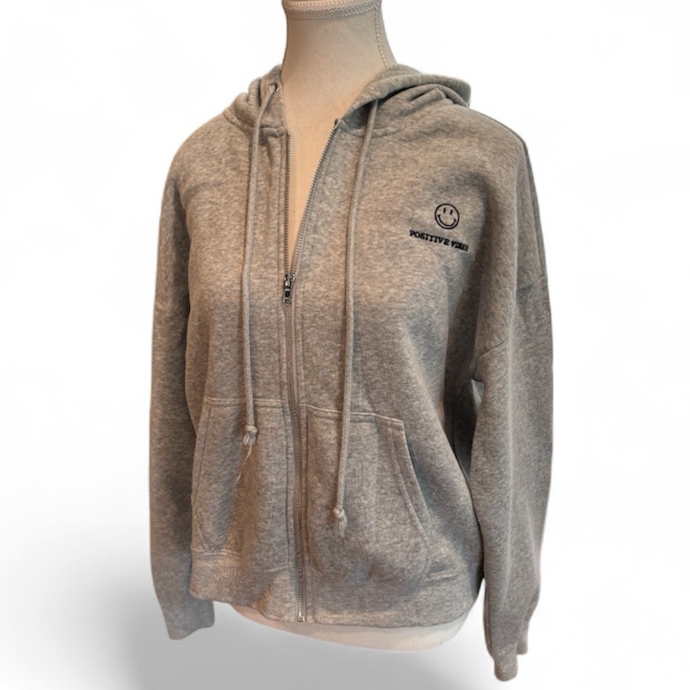 Gray Zip-Up Hoodie with Positive Vibes Logo